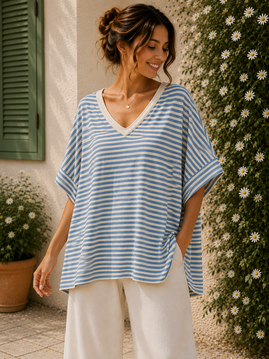 T-shirt col V rayé bleu jean