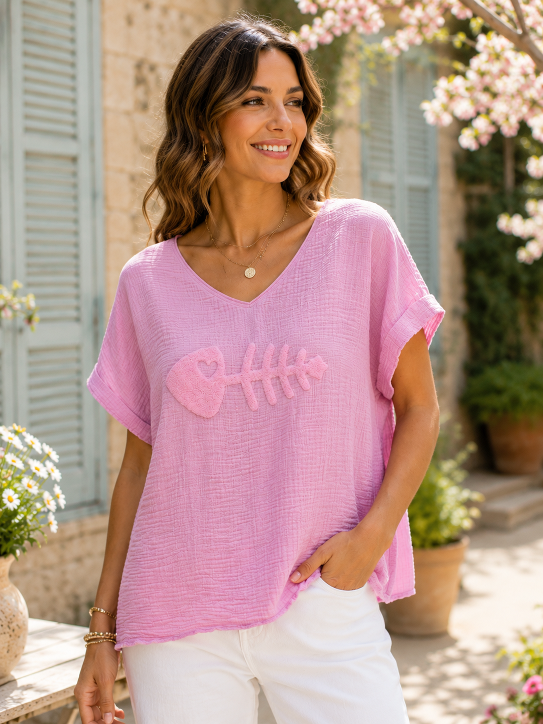Blouse gaze de coton POISSON rose