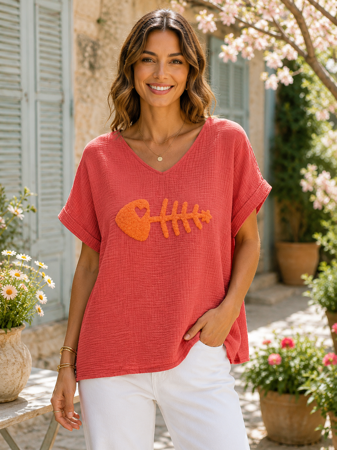 Blouse gaze de coton POISSON corail