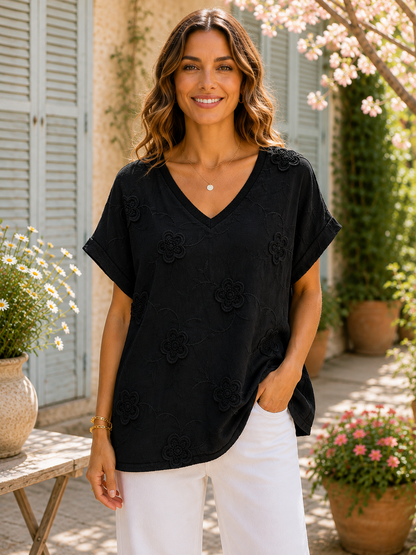 T-shirt col V fleurs brodées noir