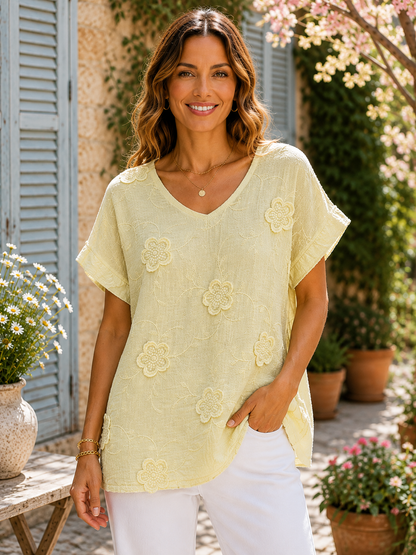 T-shirt col V fleurs brodées jaune