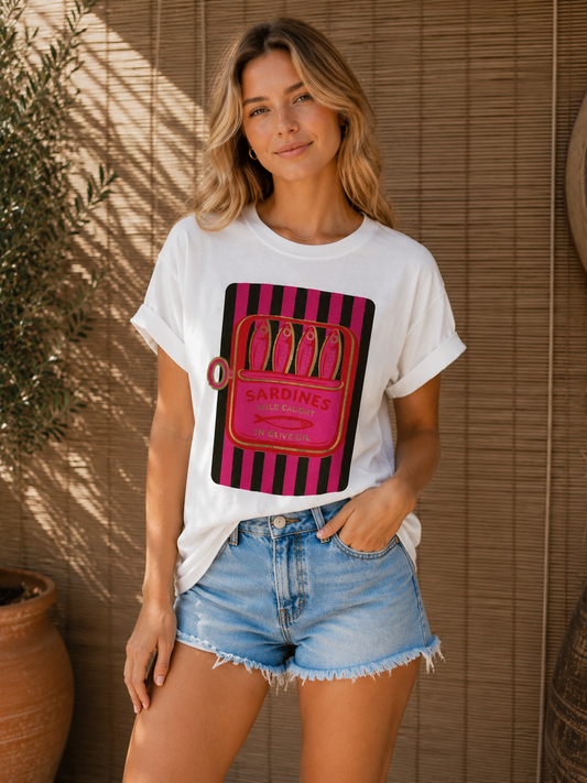 T-shirt blanc SARDINES kaki/fuchsia