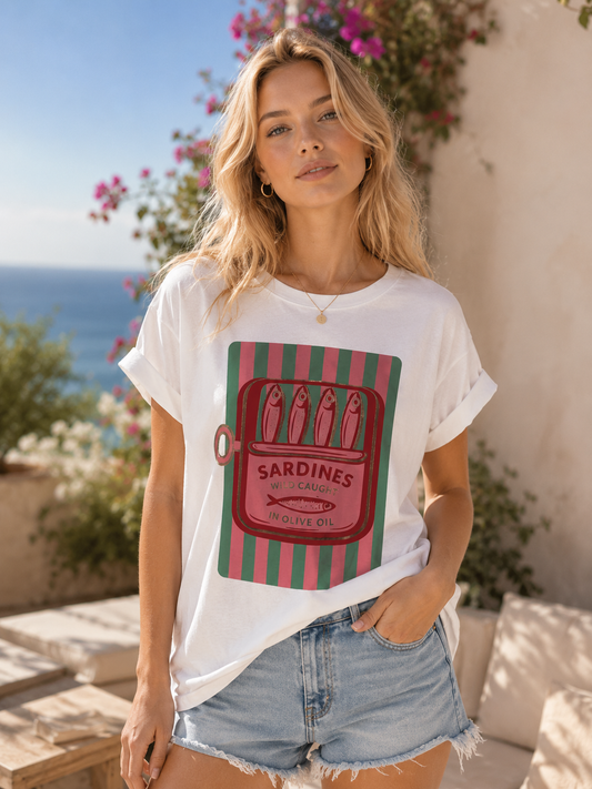 T-shirt blanc SARDINES vert menthe/rose