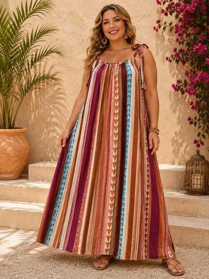 GRANDE TAILLE - Robe longue à bretelles fluide ethnique rouille
