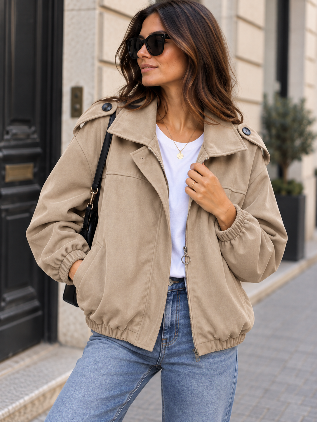 Blouson bombers suédine sable