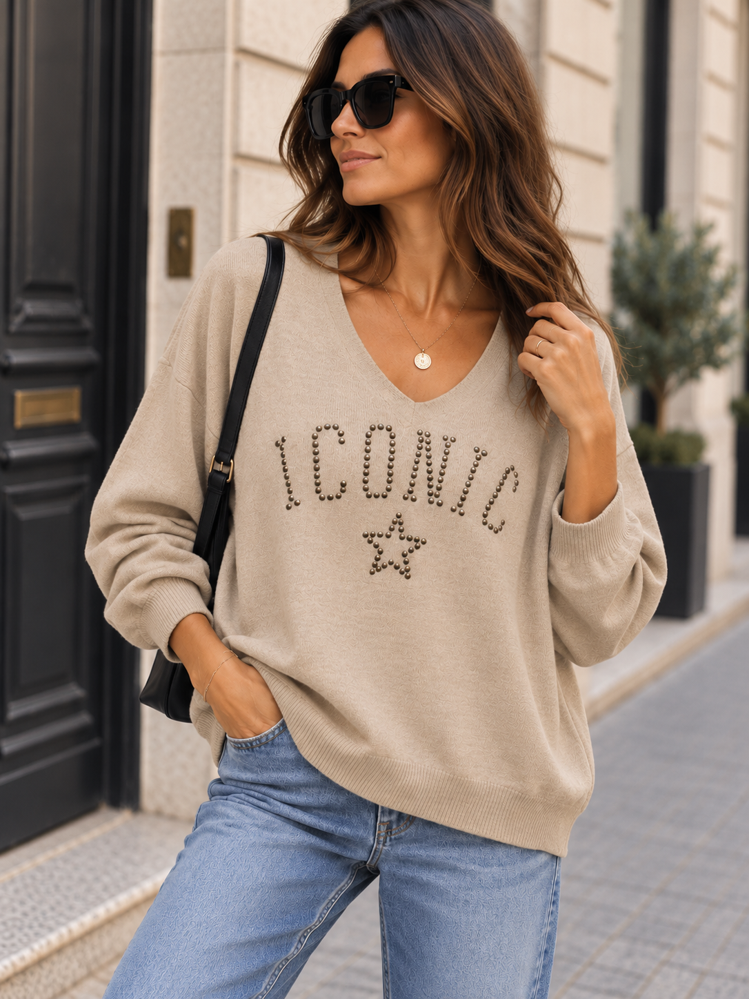 Pull fin ICONIC clouté sable chiné