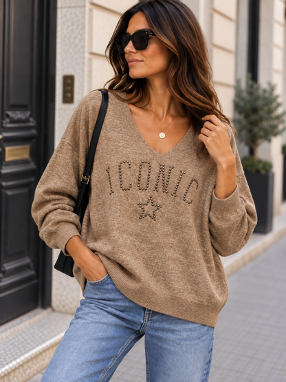 Pull fin ICONIC clouté camel chiné