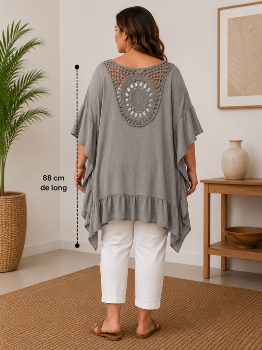 GRANDE TAILLE - Robe tunique dos brodé taupe