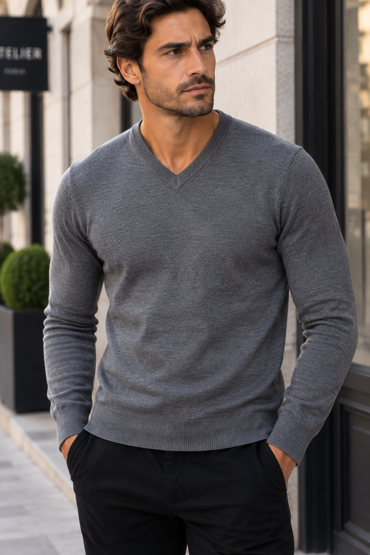 Pull fin MATHIAS col V gris du S au 3XL