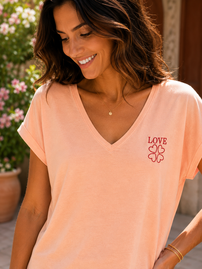 T-shirt col V LOVE pêche