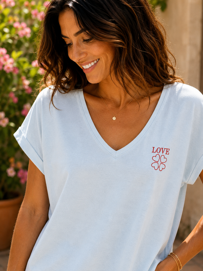 T-shirt col V LOVE turquoise