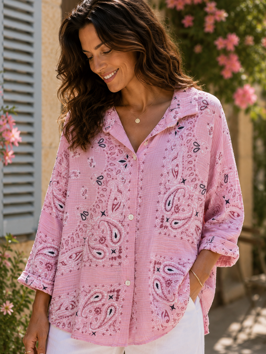 Chemise gaze de coton bandana rose