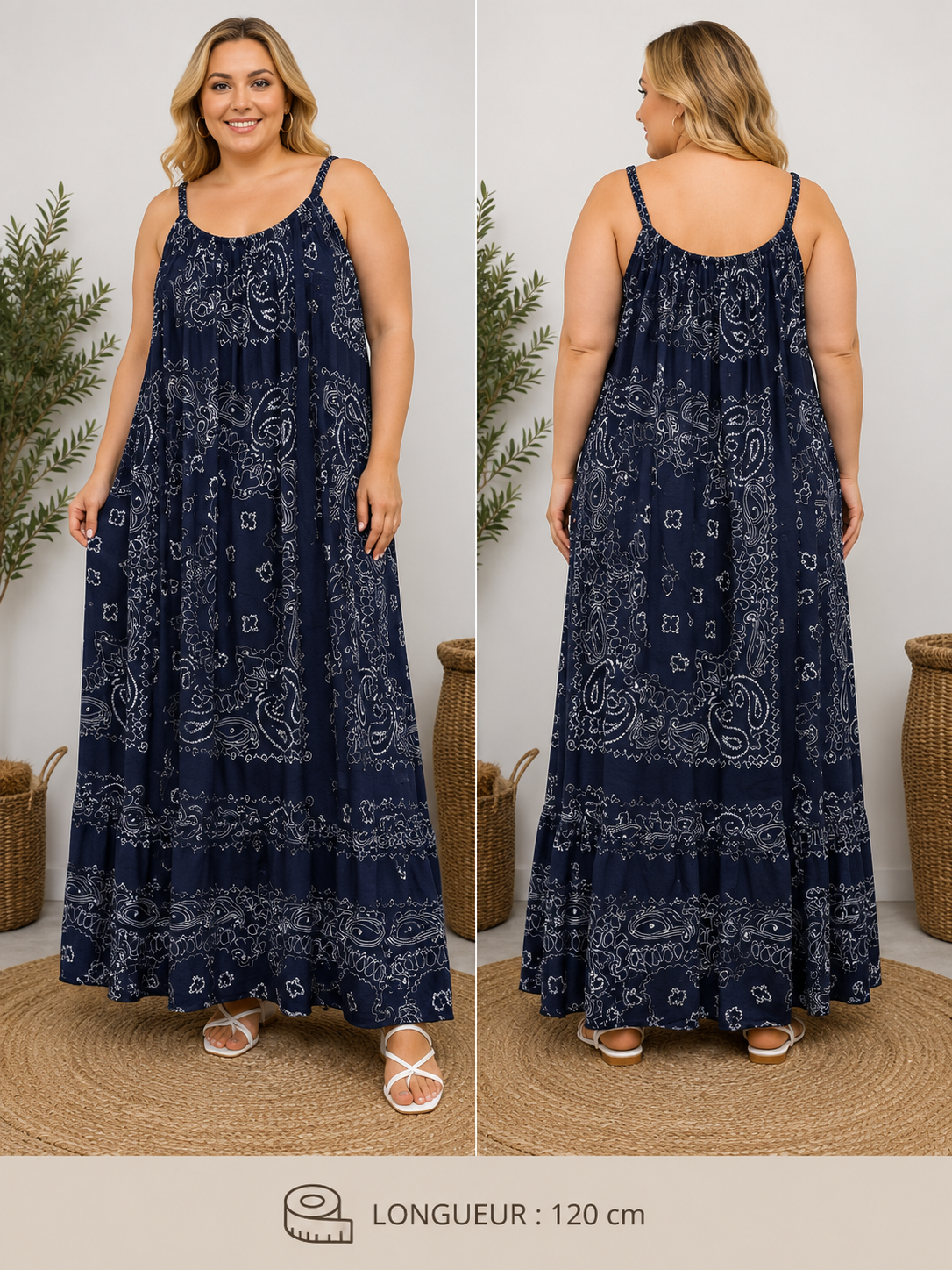 GRANDE TAILLE - Robe longue à bretelles bandana bleu marine