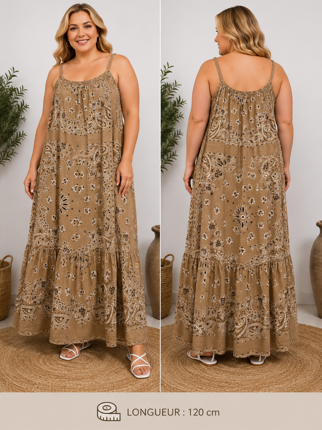 GRANDE TAILLE - Robe longue à bretelles bandana camel