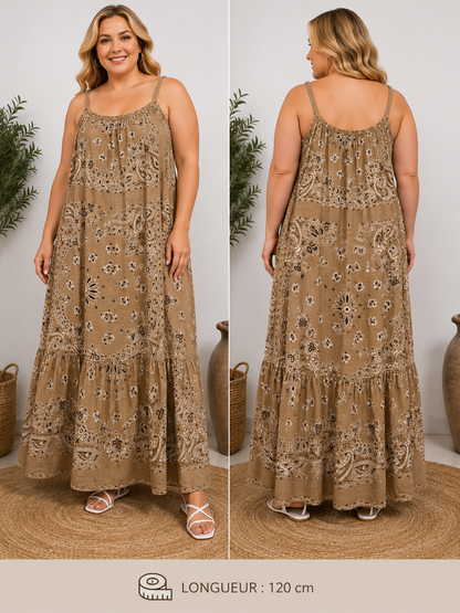 GRANDE TAILLE - Robe longue à bretelles bandana camel