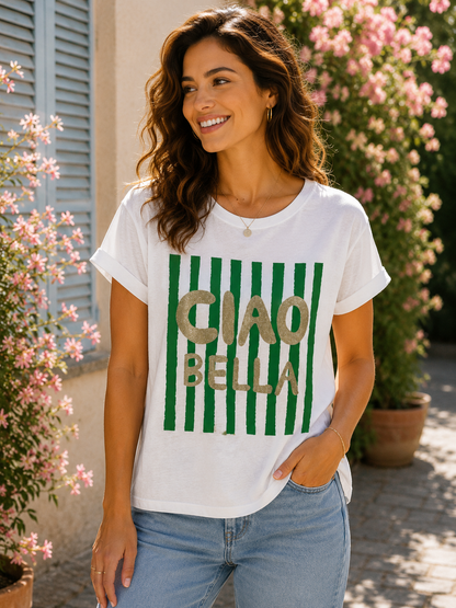 T-shirt blanc CIAO BELLA vert gazon