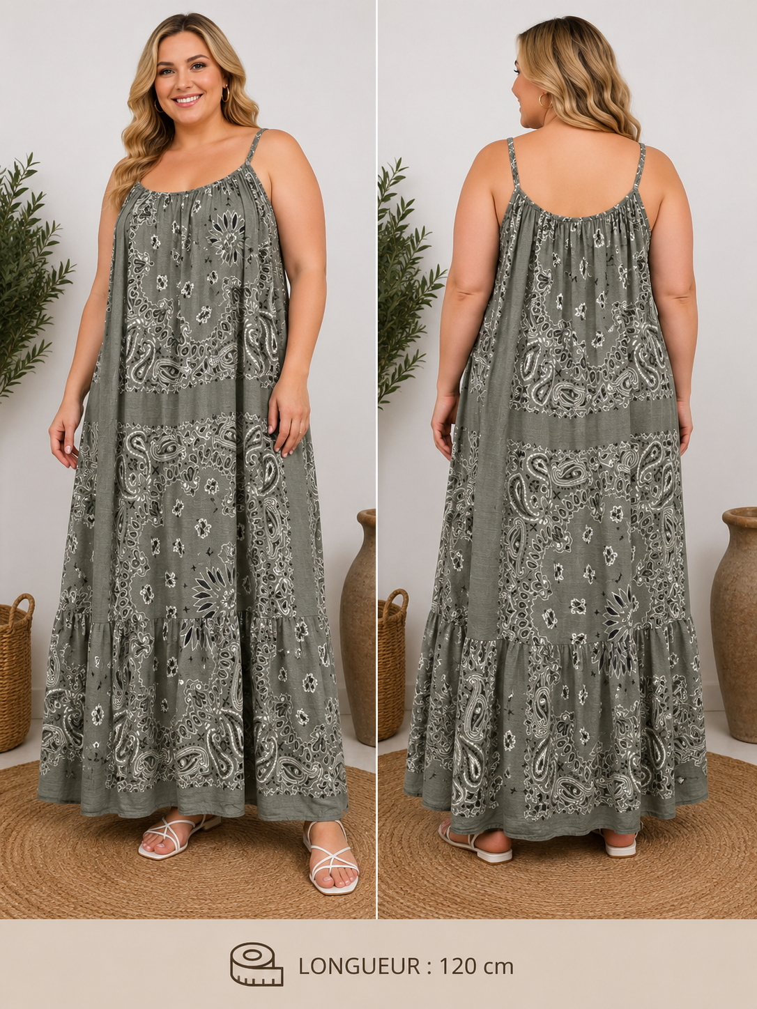 GRANDE TAILLE - Robe longue à bretelles bandana kaki