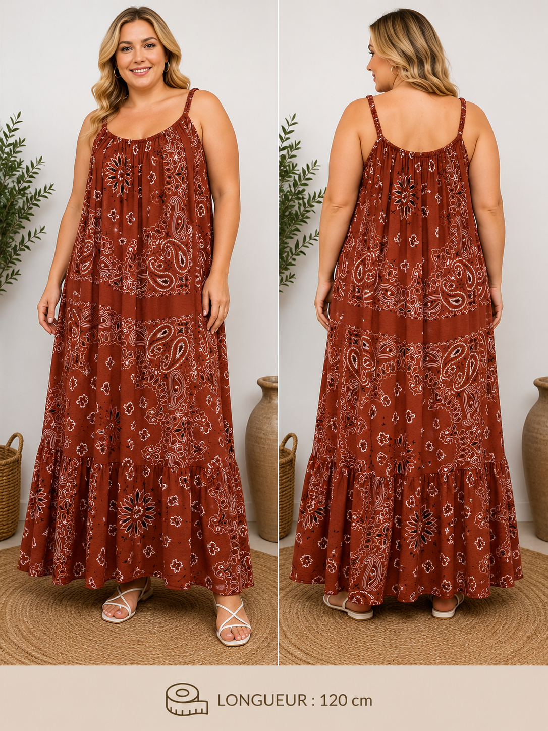 GRANDE TAILLE - Robe longue à bretelles bandana rouille