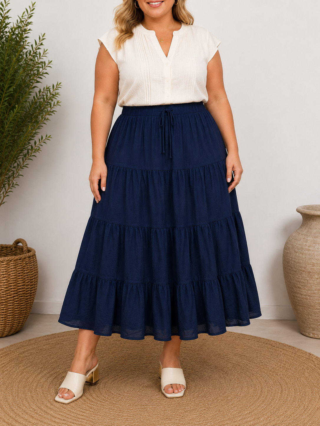 GRANDE TAILLE - Jupe longue voile de coton bleu marine