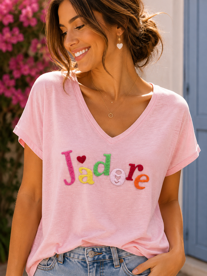 T-shirt col V J'adore rose
