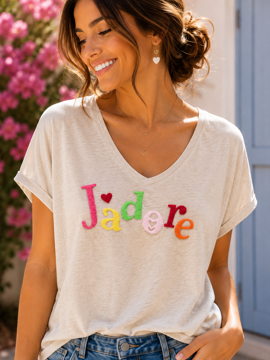 T-shirt col V J'adore sable