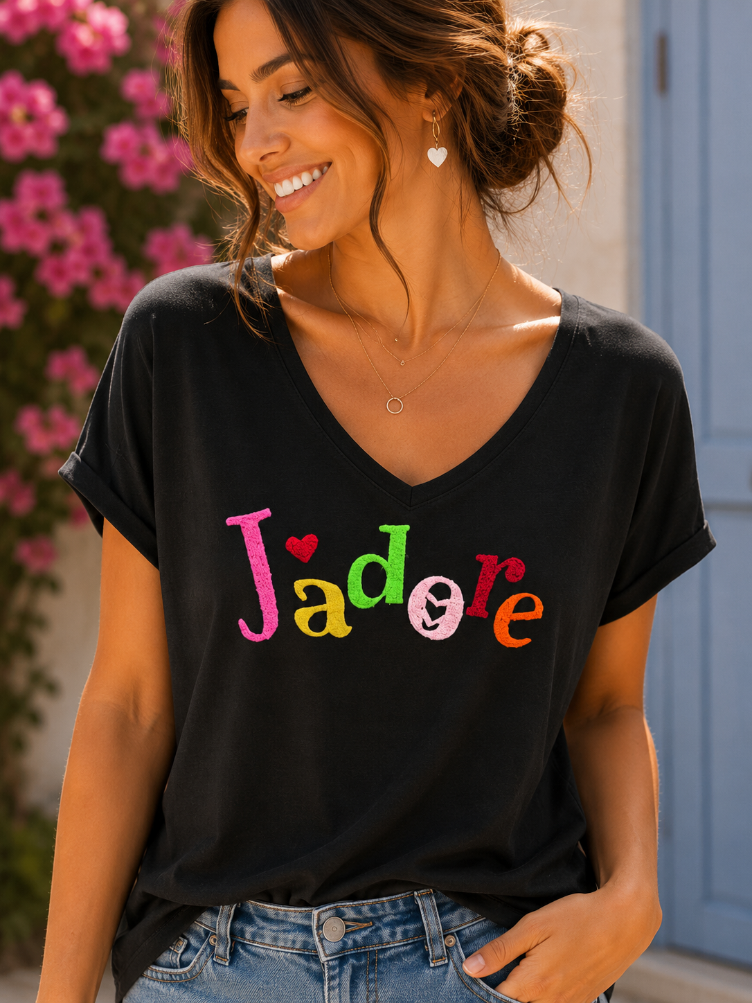 T-shirt col V J'adore noir