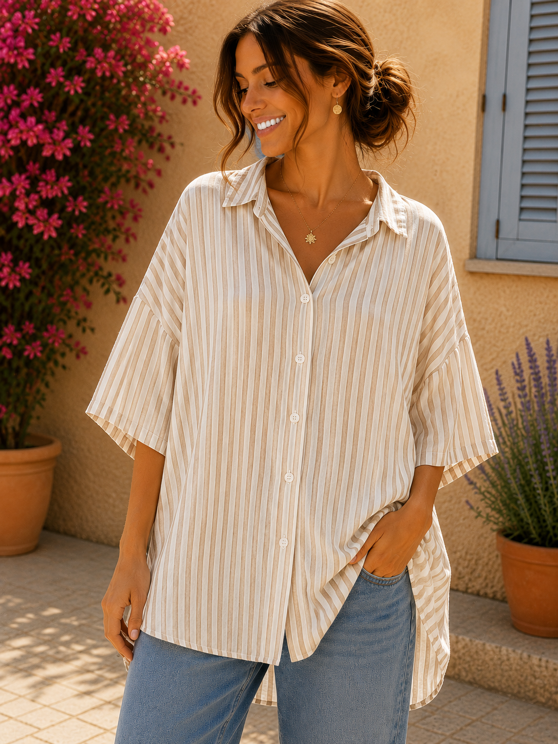 GRANDE TAILLE - Chemise rayée sable