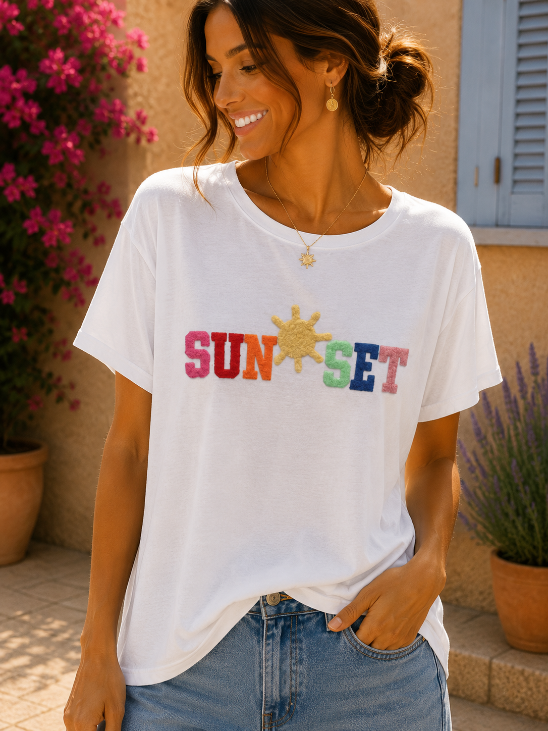 T-shirt blanc SUNSET multicolore