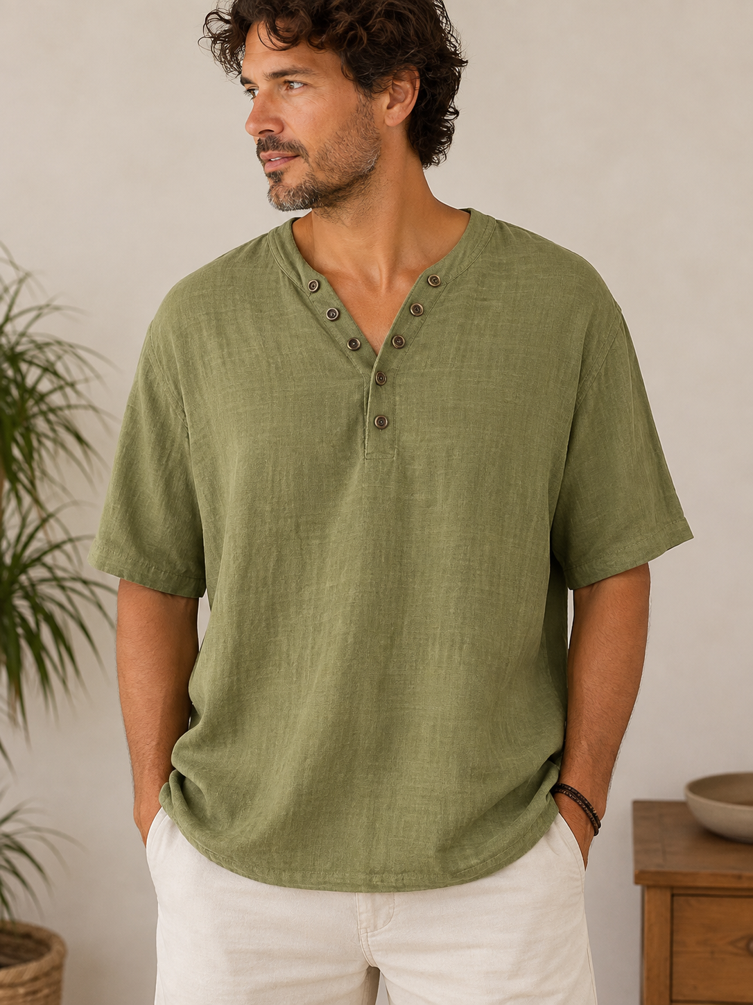 T-shirt col boutons ELIO olive