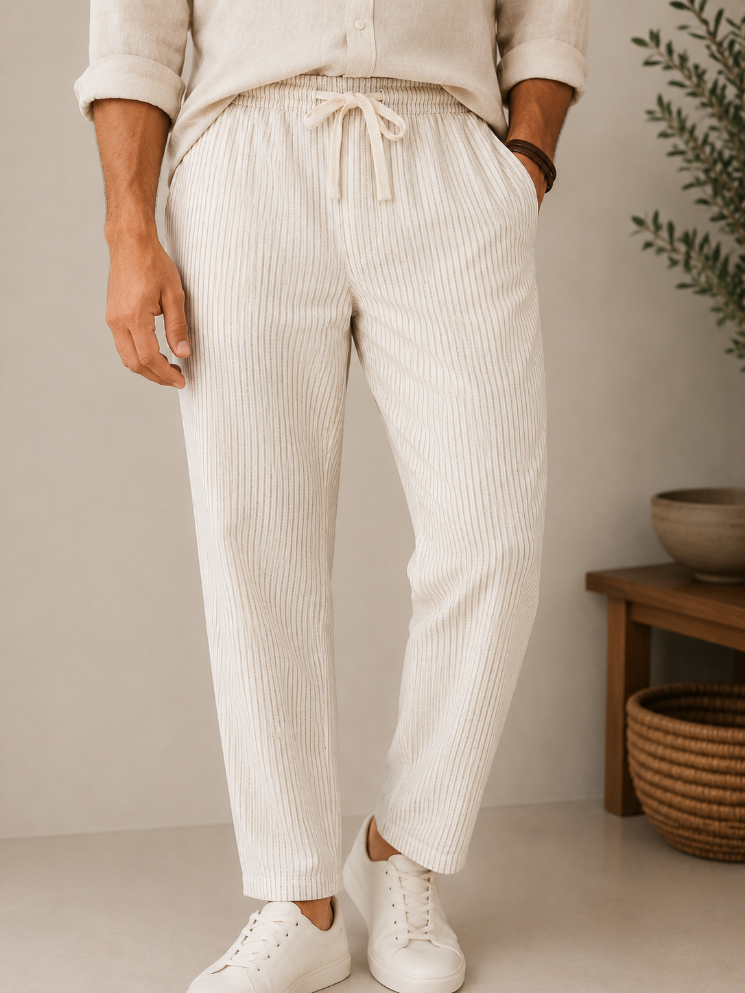 Pantalon en lin REEP rayé sable
