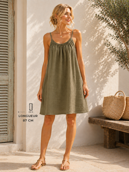 Robe à bretelles gaze de coton kaki