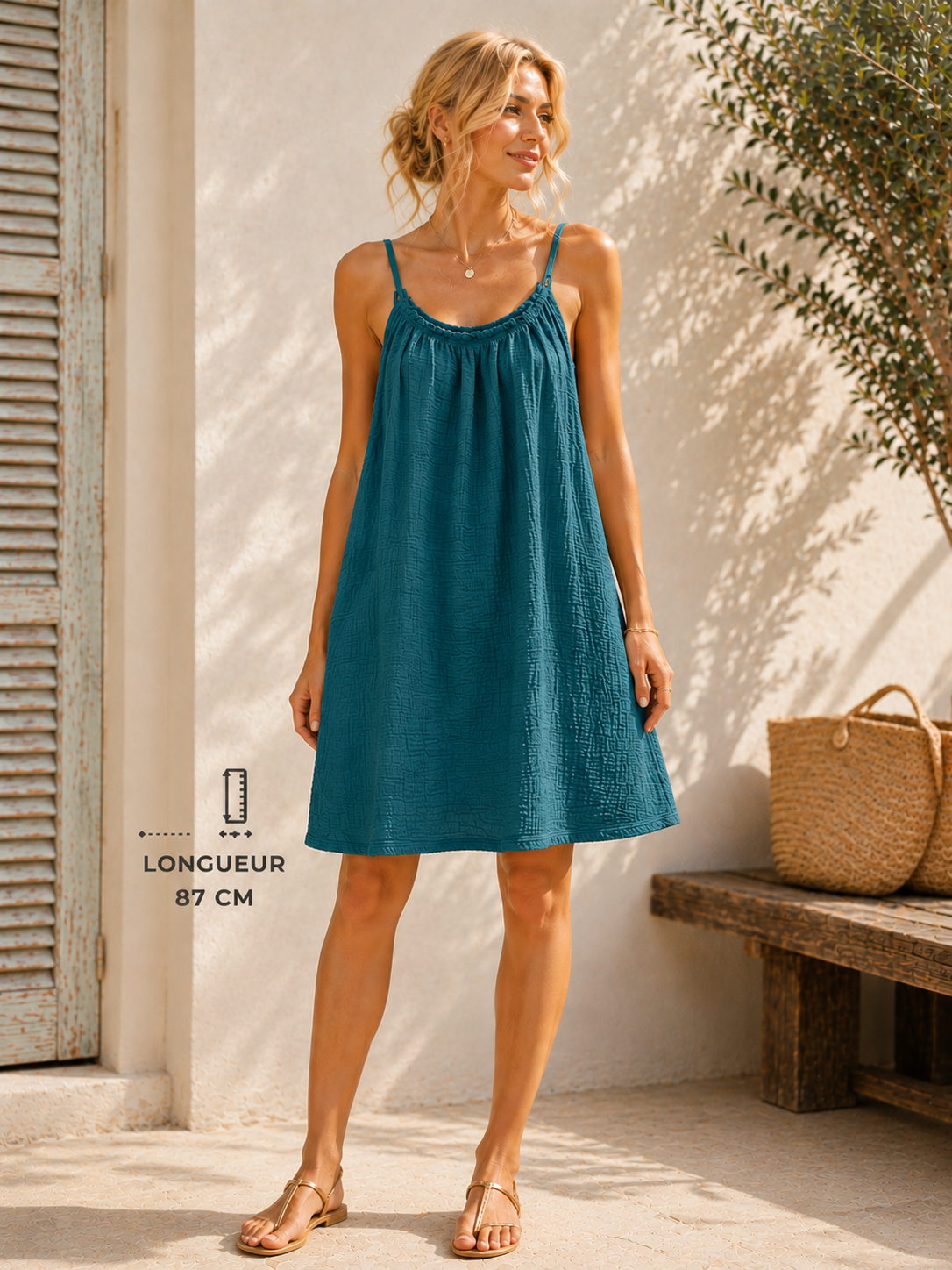 Robe à bretelles gaze de coton bleu canard