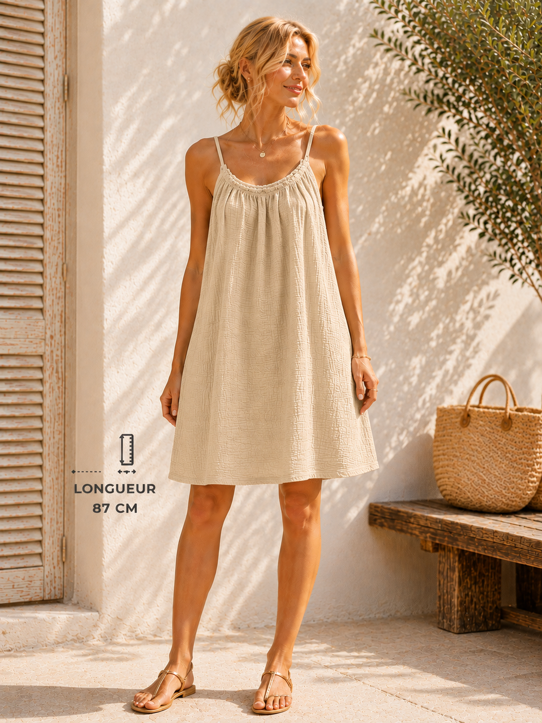 Robe à bretelles gaze de coton sable