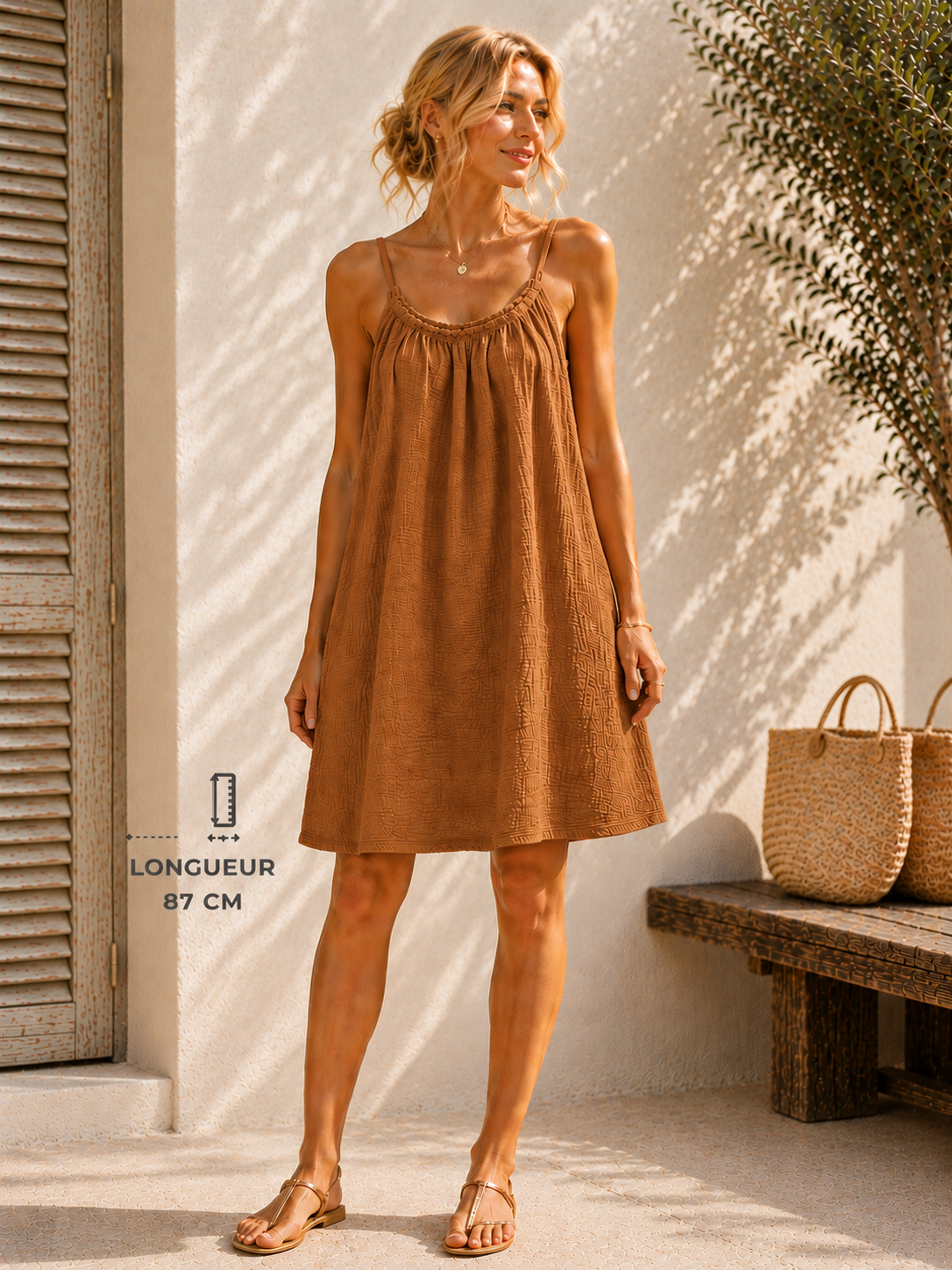 Robe à bretelles gaze de coton tabac