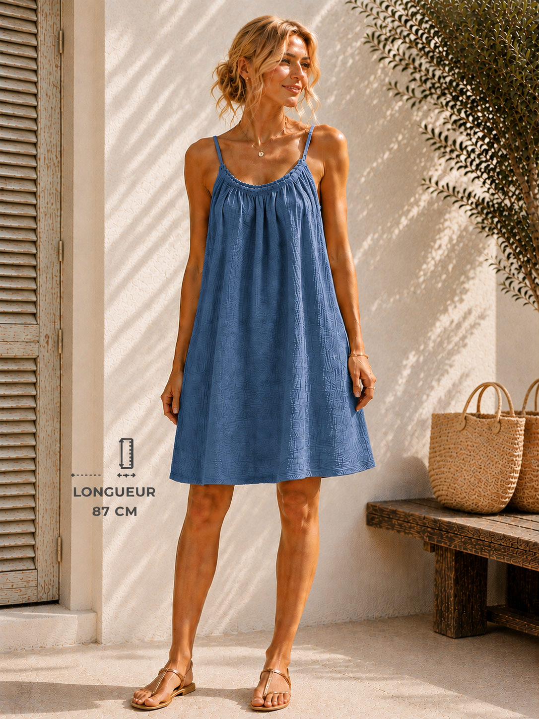 Robe à bretelles gaze de coton bleu jean