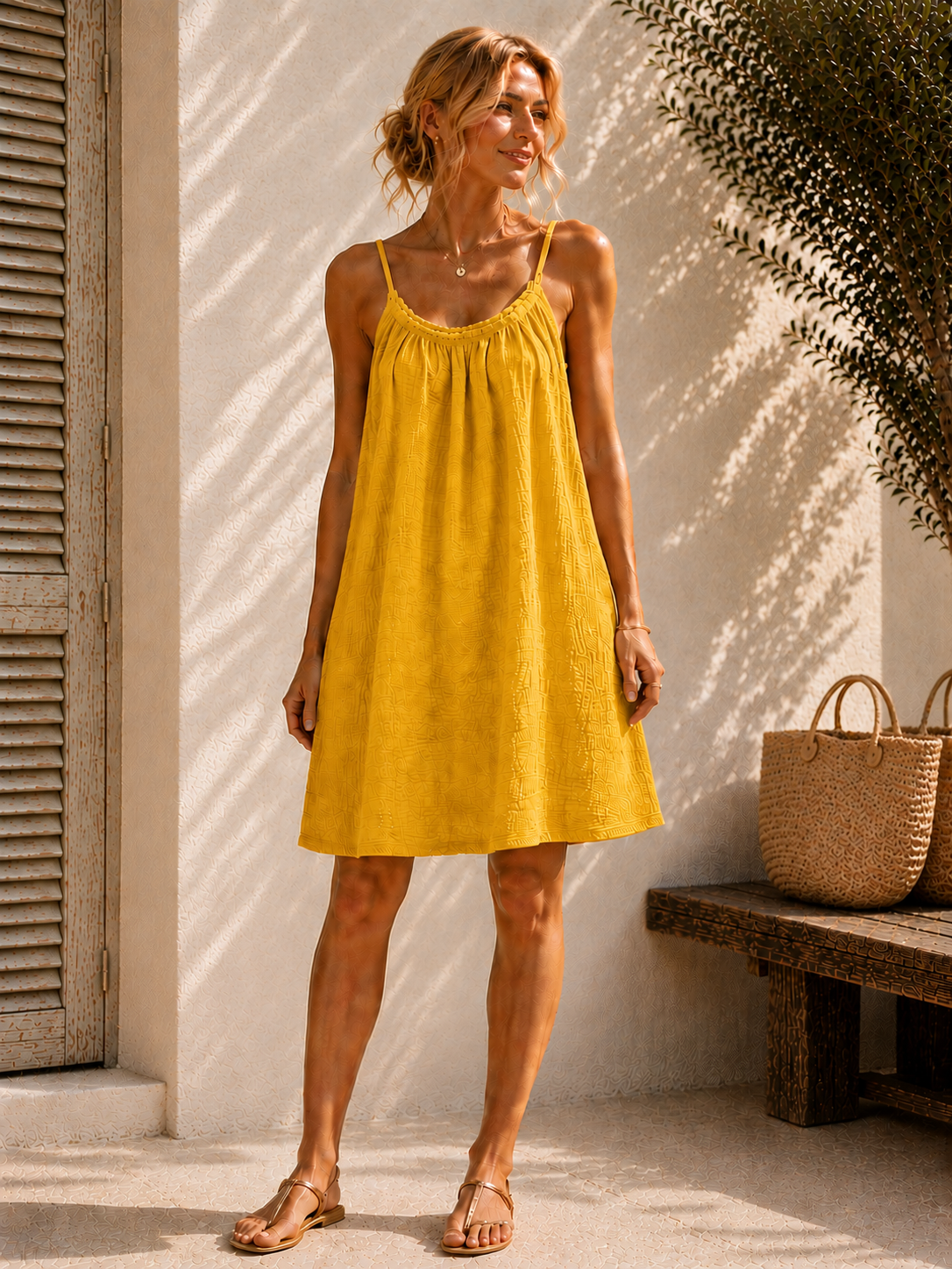 Robe à bretelles gaze de coton jaune