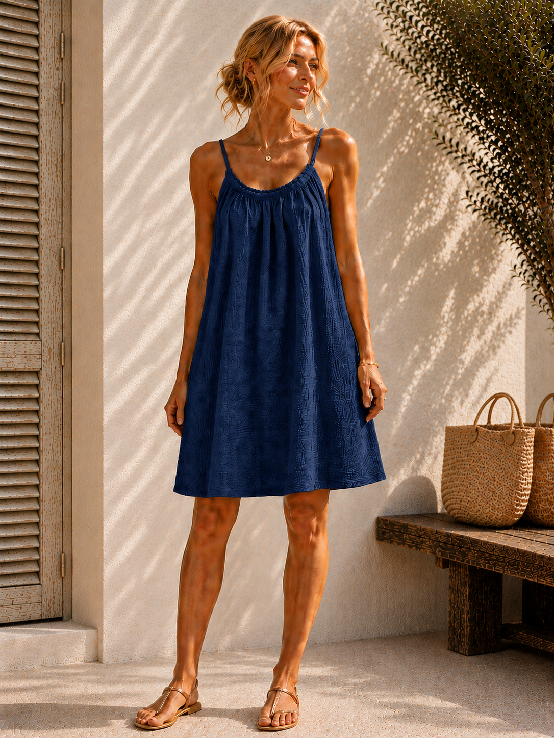 Robe à bretelles gaze de coton bleu marine