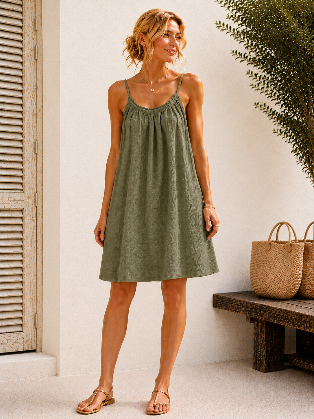 Robe à bretelles gaze de coton kaki