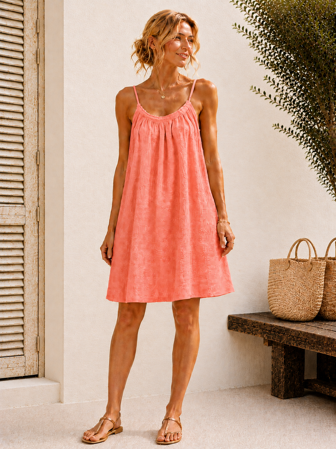 Robe à bretelles gaze de coton corail