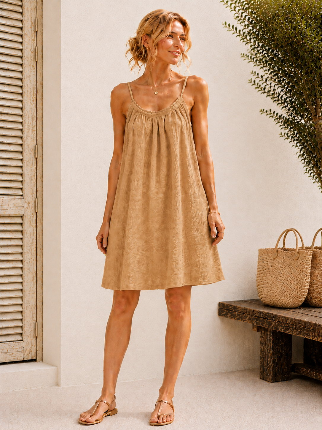 Robe à bretelles gaze de coton camel