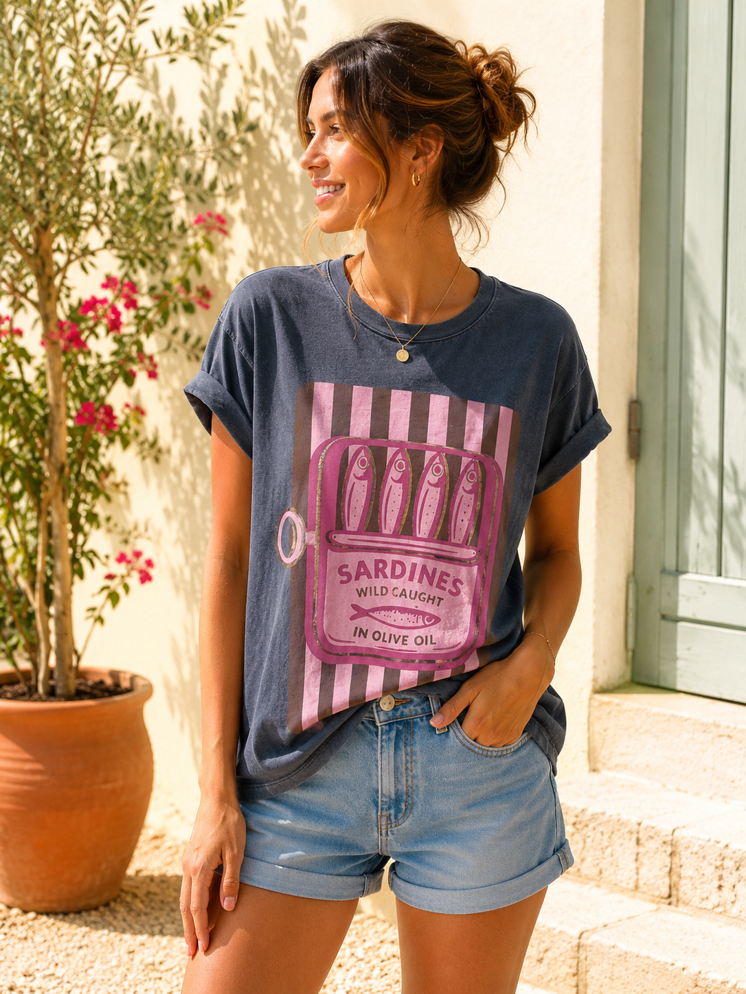 T-shirt anthracite Sardines rose/marron