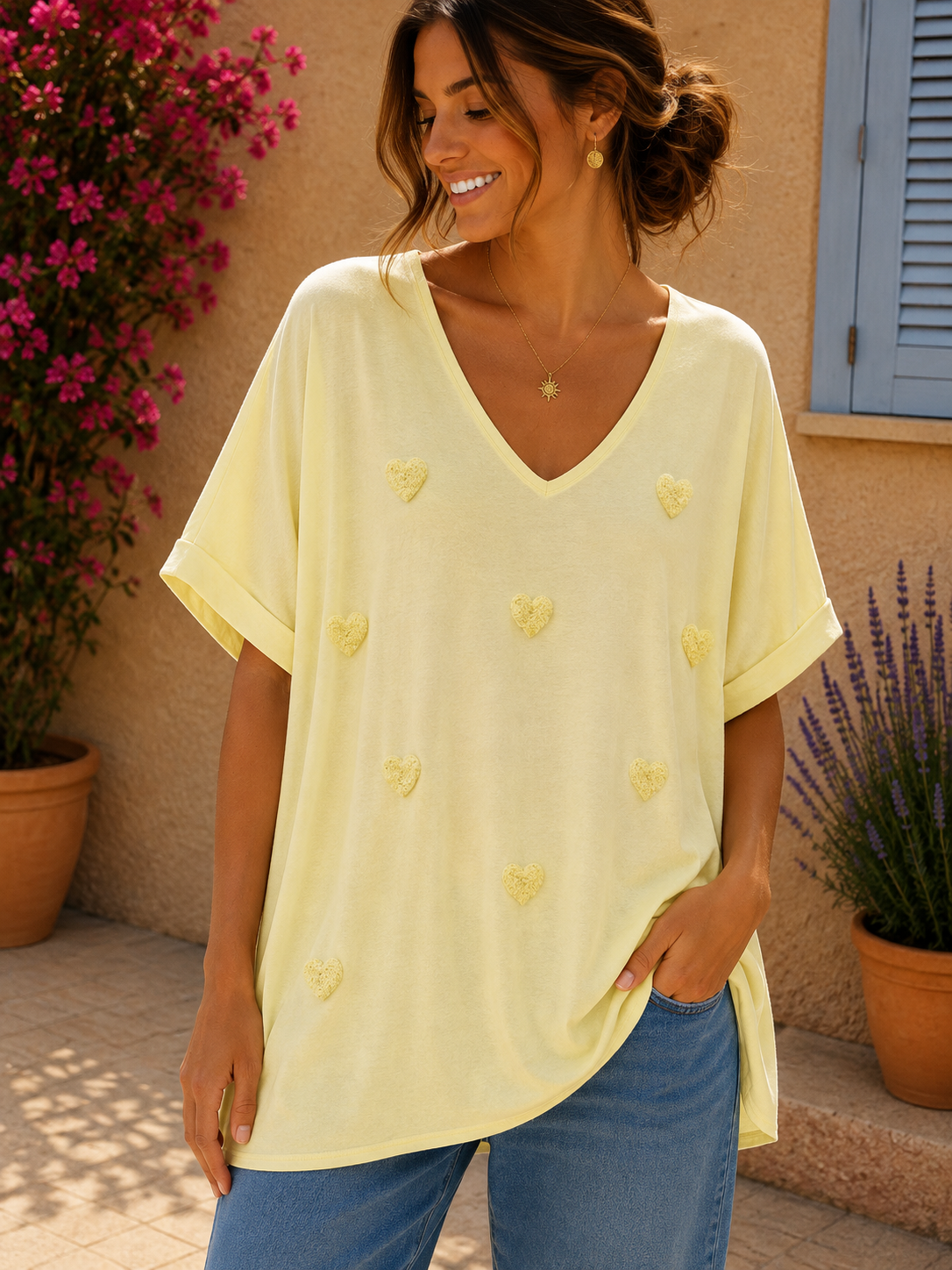 GRANDE TAILLE - T-shirt cœurs brodés jaune