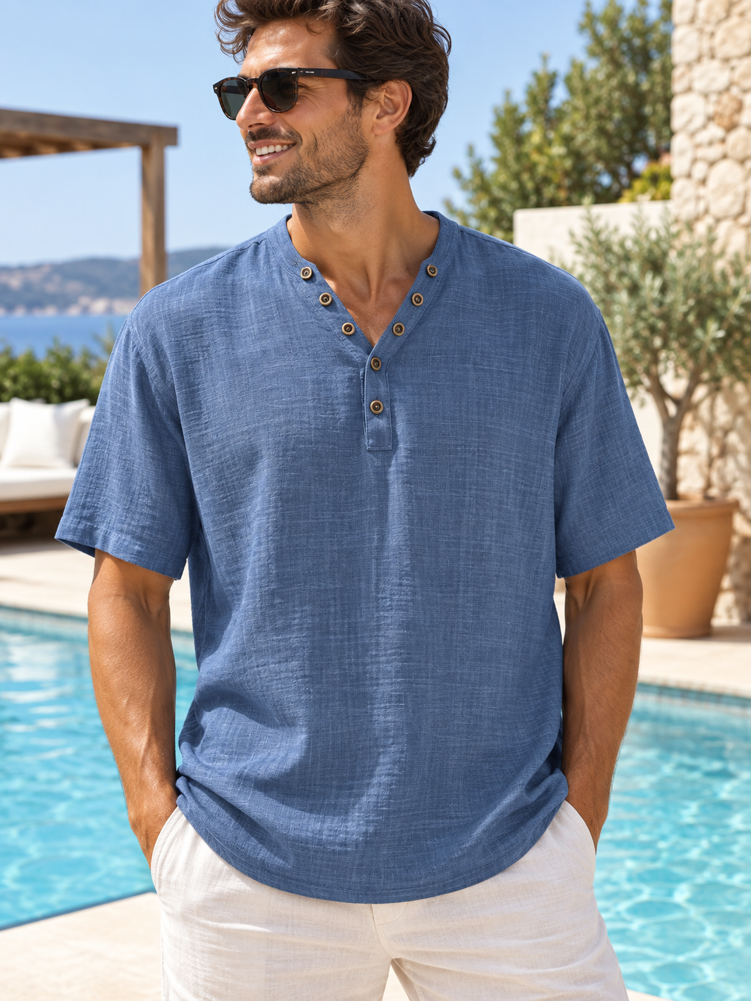 T-shirt col boutons ELIO bleu jean
