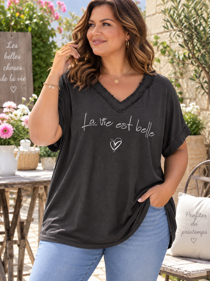 GRANDE TAILLE - T-shirt La Vie est Belle marron
