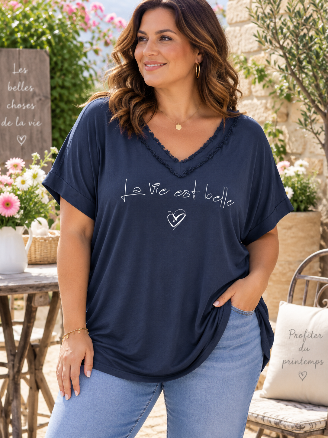GRANDE TAILLE - T-shirt La Vie est Belle bleu marine