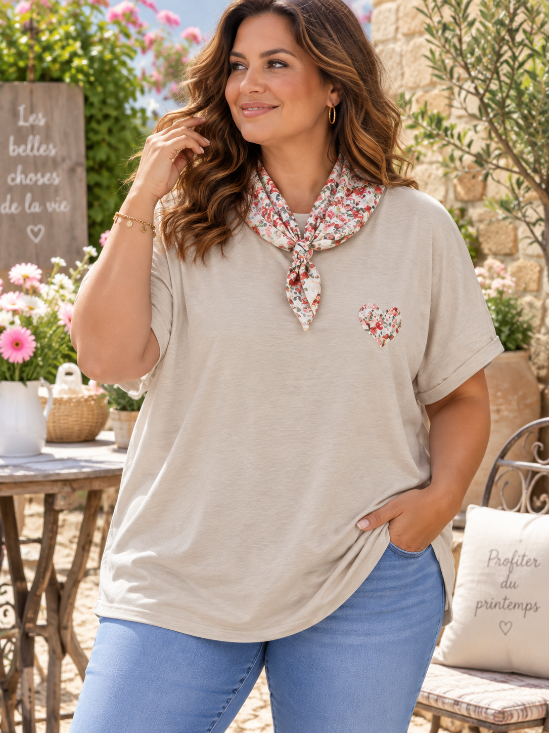 GRANDE TAILLE - T-shirt tunique cœur + fichu fleuri beige/rouge