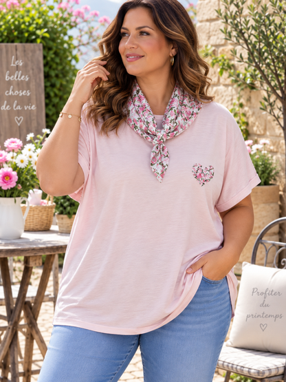 GRANDE TAILLE - T-shirt tunique cœur + fichu fleuri rose