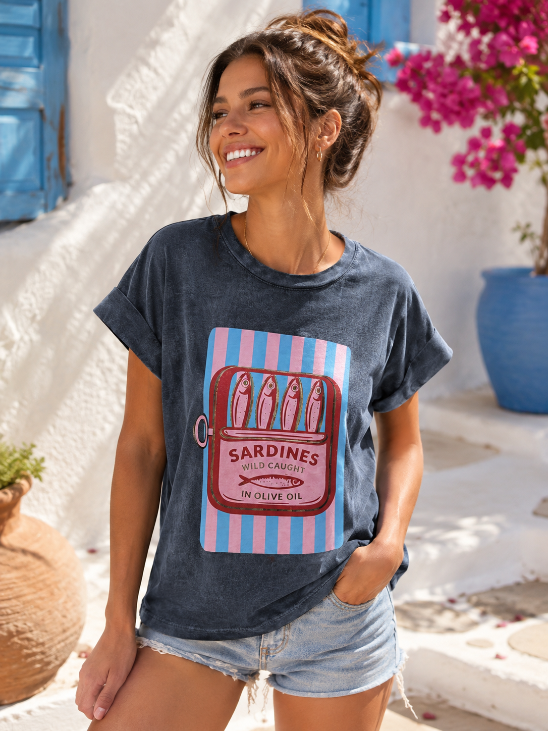T-shirt anthracite Sardines bleu/rose