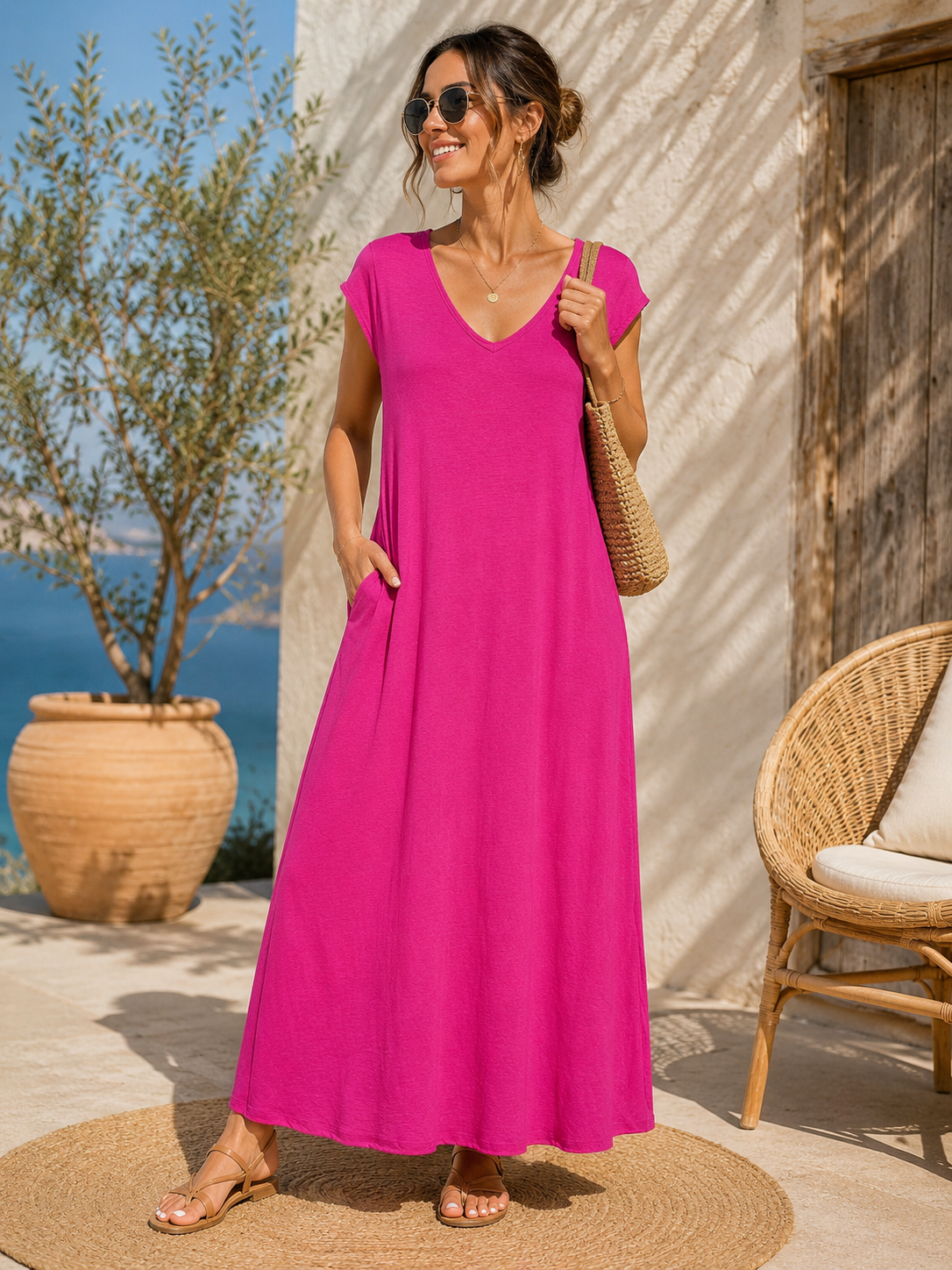 Robe longue t-shirt fuchsia