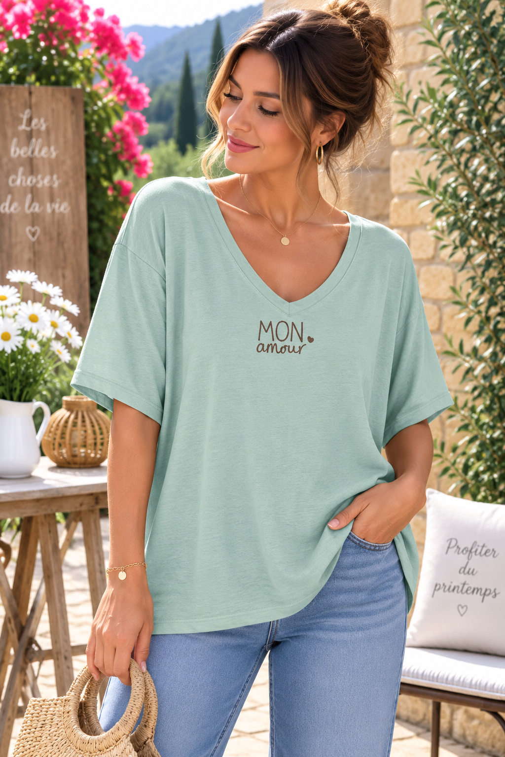 T-shirt col V Mon Amour turquoise